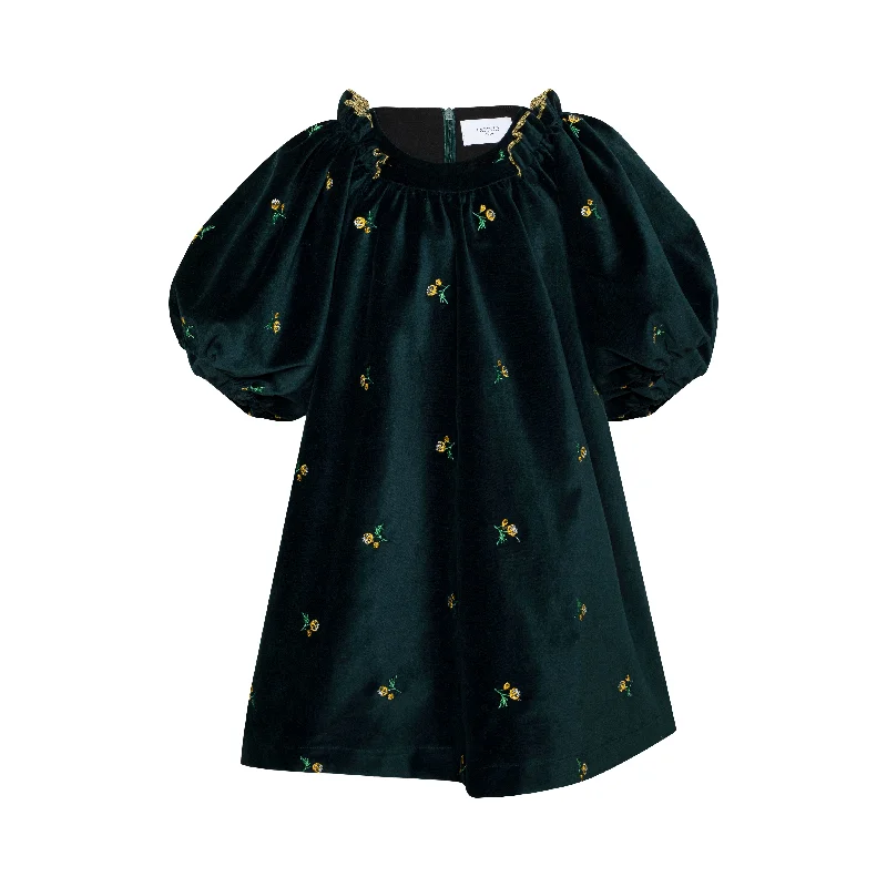 COTTON VELVET DRESS PUFF SLV EMERALD-Green Tunics Fall fleece