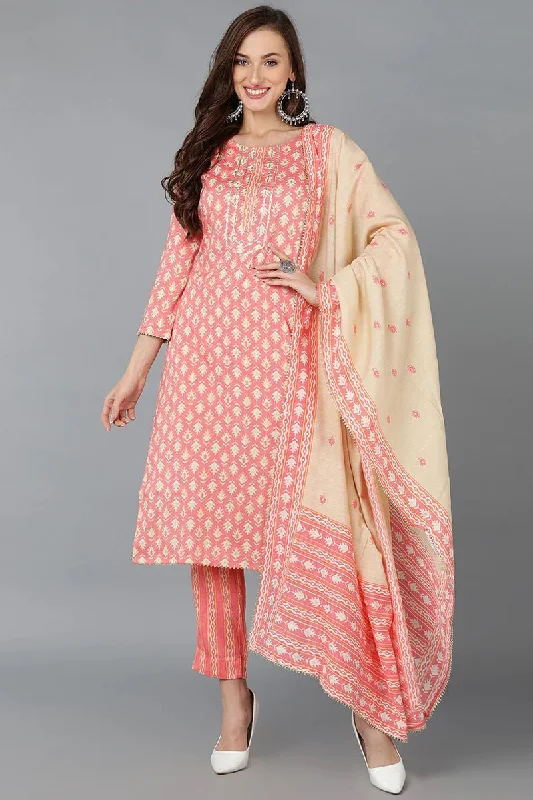 Ahika Cotton Printed Kurta Pant Dupatta Set Stylish Elastic Waist Pants