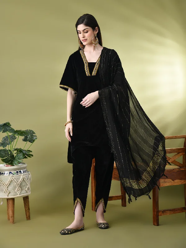 Myshka Women's Black Velvet Kurta Pant With Dupatta Set Formal Linen Trousers