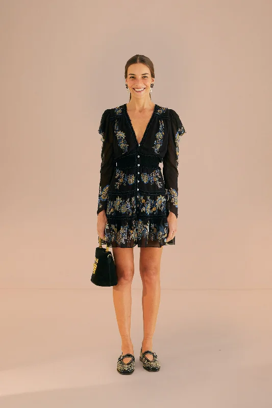 Stitched Garden Black Short Sleeve Mini Dress Classic Black Mini Dress