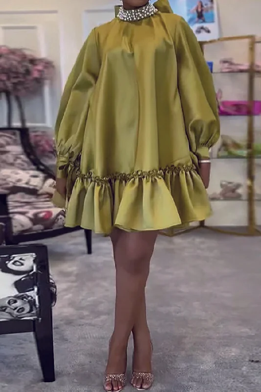 Solid Color Elegant Pearls Mini Dress Elegant Satin Lace Mini Dress