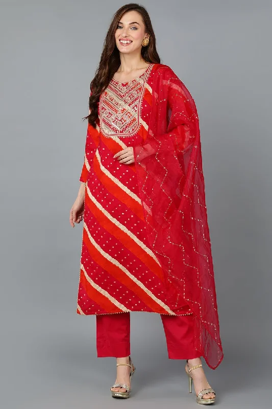 Ahika Pink Viscose Rayon Embroidered Leheriya Printed Kurta Pant With Dupatta High-Waist Jeans Ahika Pink Viscose Rayon Embroidered Leheriya Printed Kurta Pant With Dupatta High-Waist Jeans