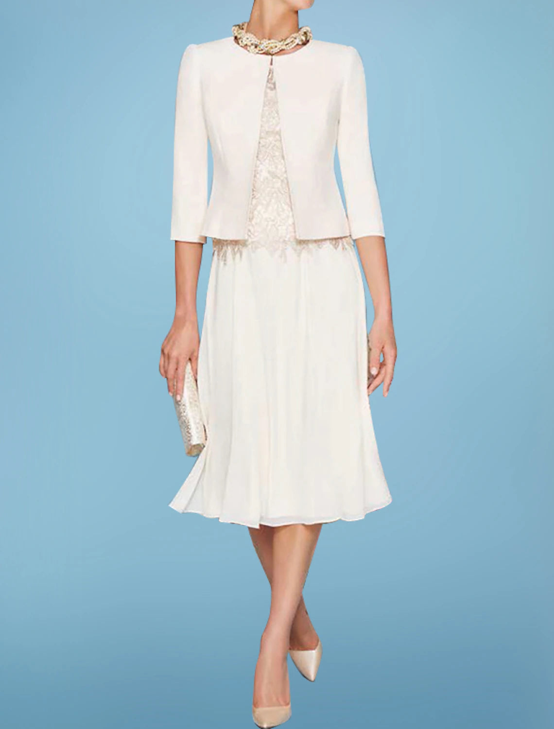 Two Piece Sheath / Column Mother of the Bride Dress Fall Wedding Guest Church Elegant Jewel Neck Knee Length Chiffon Satin Lace 3/4 Length Sleeve Short Jacket Dresses with Appliques One-Shoulder Jacket Off-the-Shoulder Jacket Asymmetrical Jacket Two Piece Sheath / Column Mother of the Bride Dress Fall Wedding Guest Church Elegant Jewel Neck Knee Length Chiffon Satin Lace 3/4 Length Sleeve Short Jacket Dresses with Appliques One-Shoulder Jacket Off-the-Shoulder Jacket Asymmetrical Jacket