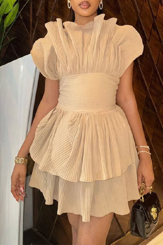 Solid Color Sweet Pleated Ruffles Mini Dress Comfortable Fit-and-Flare Mini Dress