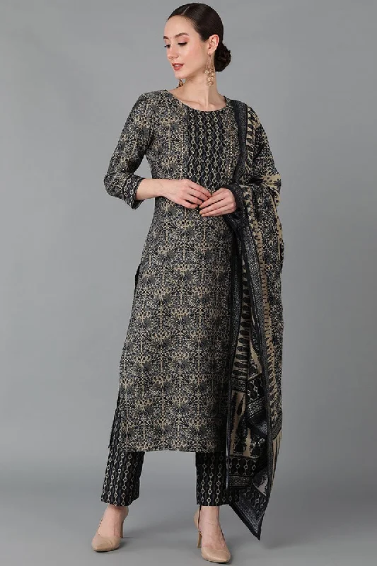 Ahika Black Silk Blend Straight Kurta Pant With Dupatta Comfy Zip-Up Pants