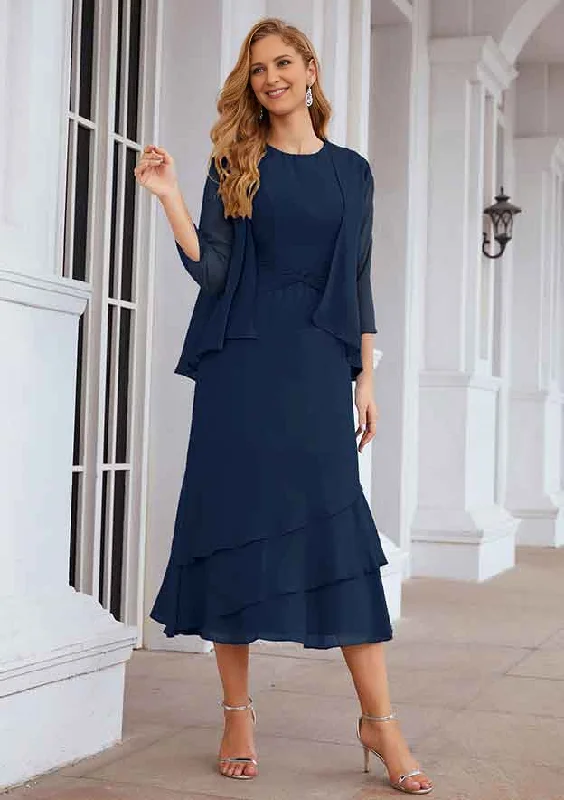 A-line Bateau Tea-Length Chiffon Mother of the Bride Dress With Pleated and Jacket Insulated Jacket Fitted Jacket Loose Jacket A-line Bateau Tea-Length Chiffon Mother of the Bride Dress With Pleated and Jacket Insulated Jacket Fitted Jacket Loose Jacket