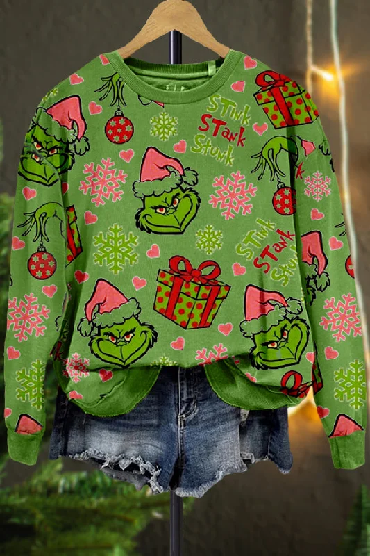 Casual Grinch Contrast Printed Sweatshirt Hoodie with Slit Hem Functional Movement