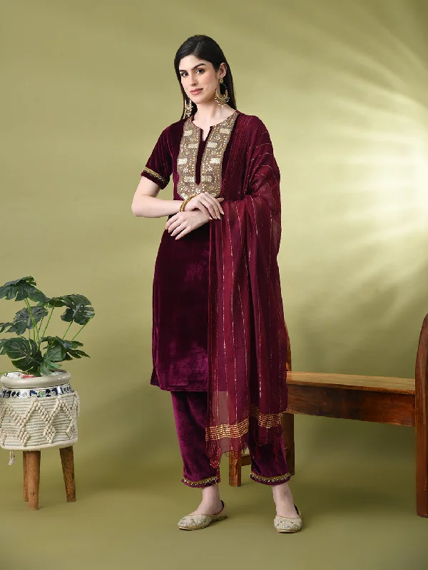 Myshka Women's Magenta Velvet Kurta Pant With Dupatta Set Cozy Jogger Leggings
