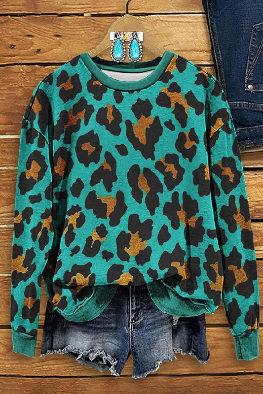 Western Leopard Print Sweatshirt Hoodie with High-Low Hem Asymmetrical Trendy