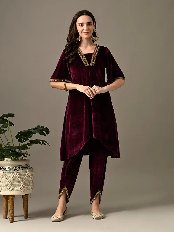 Myshka Women's Magenta Velvet Kurta Pant Chic Checkered Pants