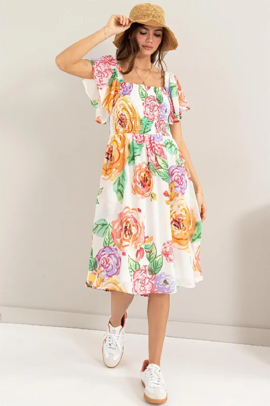 Blue Zone Planet |  HYFVE Floral Flutter Sleeve Smocked Dress Pencil Office Professional