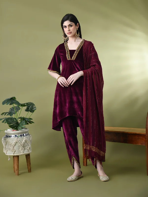 Myshka Women's Magenta Velvet Kurta Pant With Dupatta Set Comfortable Denim Trousers