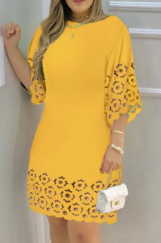 Solid Color Hollow-Out Feminine Mini Dress Fashionable Polka Dot Mini Dress