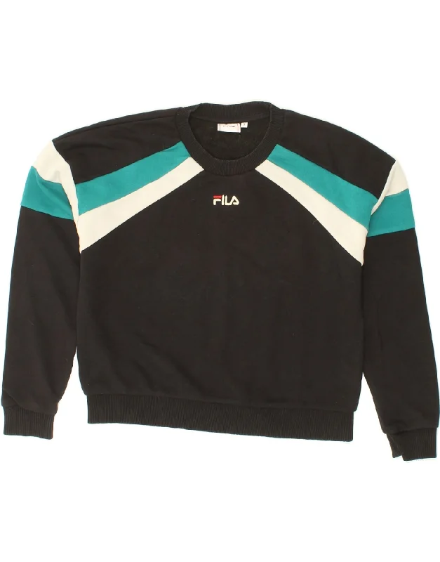 FILA Womens Oversized Crop Sweatshirt Jumper UK 10 Small Black Colourblock Hoodie with Stripes Bold Sporty FILA Womens Oversized Crop Sweatshirt Jumper UK 10 Small Black Colourblock Hoodie with Stripes Bold Sporty