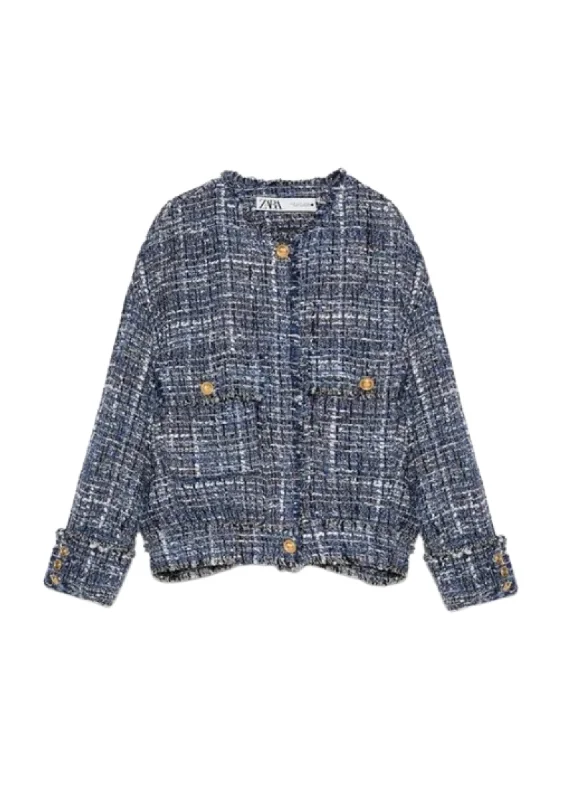 BLUE TWEED CROPPED JACKET V-Neck Jacket Boat Neck Jacket Square Neck Jacket