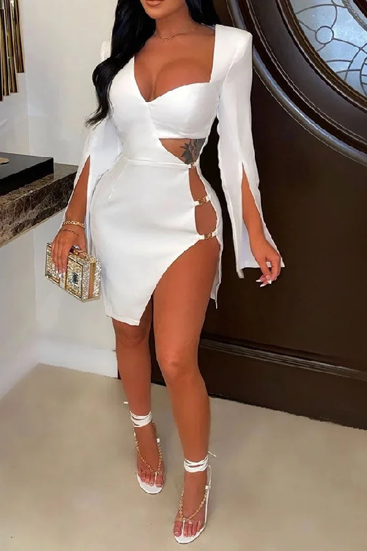 Solid Color Elegant High Slipt Mini Dress Fashionable Button-Front Mini Dress