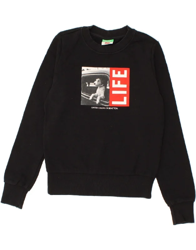 BENETTON Womens Crop Graphic Sweatshirt Jumper UK 10 Small Black Cotton Hoodie with Hem Fringe Bohemian Relaxed BENETTON Womens Crop Graphic Sweatshirt Jumper UK 10 Small Black Cotton Hoodie with Hem Fringe Bohemian Relaxed