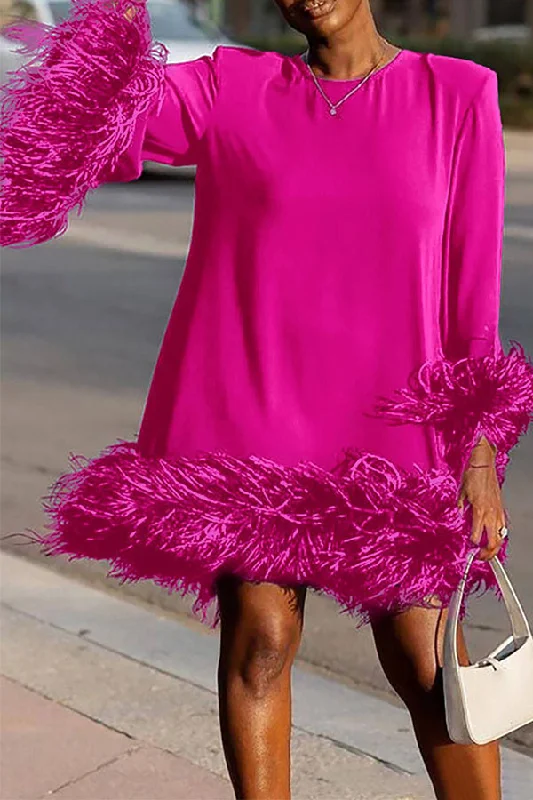 Plain Elegant Feather Patchwork Mini Dress Elegant Floral-Print Mini Dress