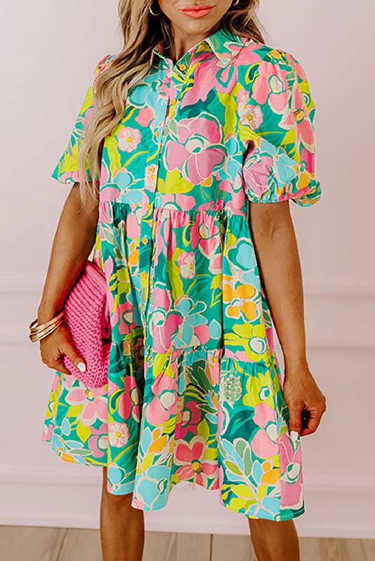 Blue Zone Planet |  Green Floral Puff Sleeve Collar Buttoned Babydoll Dress Tunics Summer linen