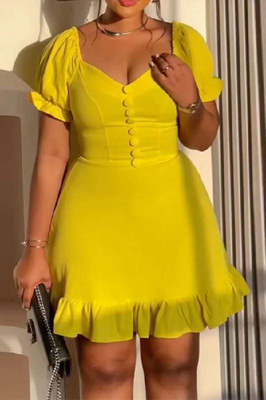 Solid Color Puff Sleeve Sweet Ruffled Mini Dress Fashionable Mini Dress with Pockets