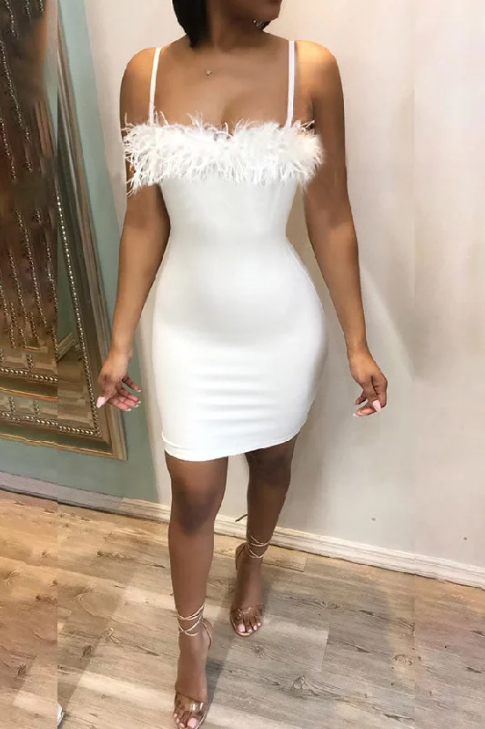 Solid Color Feather Elegant Bodycon Mini Dress Cozy Jersey Mini Dress