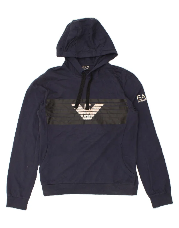 EMPORIO ARMANI Womens Graphic Hoodie Jumper UK 16 Large Navy Blue Cotton Hoodie with Mock Neck Collared Structured EMPORIO ARMANI Womens Graphic Hoodie Jumper UK 16 Large Navy Blue Cotton Hoodie with Mock Neck Collared Structured