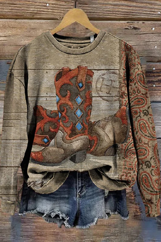 Vintage Tribal Boots Casual Sweatshirt Cotton Hoodie Fleece Lining Warmth