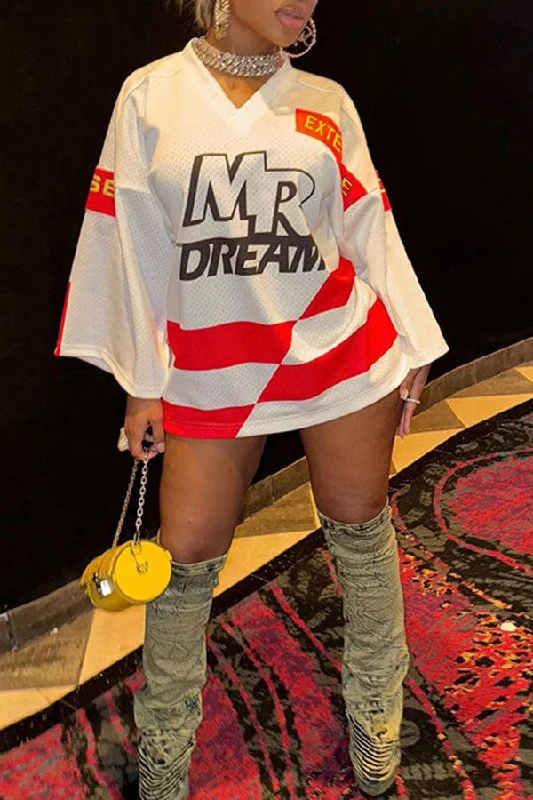 Letter Print Hit Color Oversized V Neck Mini Dress Stylish Floral Print Mini Dress