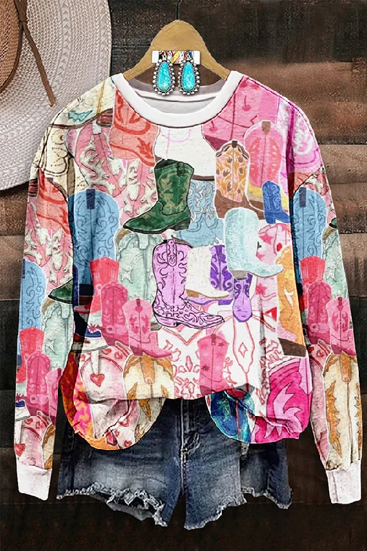 Cowgirl Boot Country Print Sweatshirt Hoodie with Bell Sleeves Flared Feminine