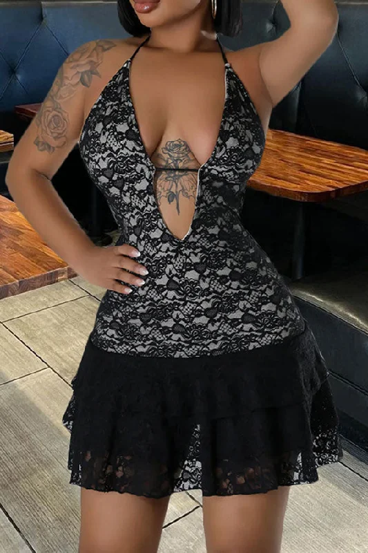 Black Floral Lace Party Halter Collar Tiered Mini Dress Elegant Vintage Mini Dress