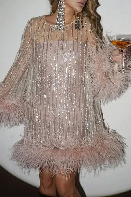 Patchwork Sequined Luxe Feather Trim Mini Dress Elegant Sequin Mini Dress