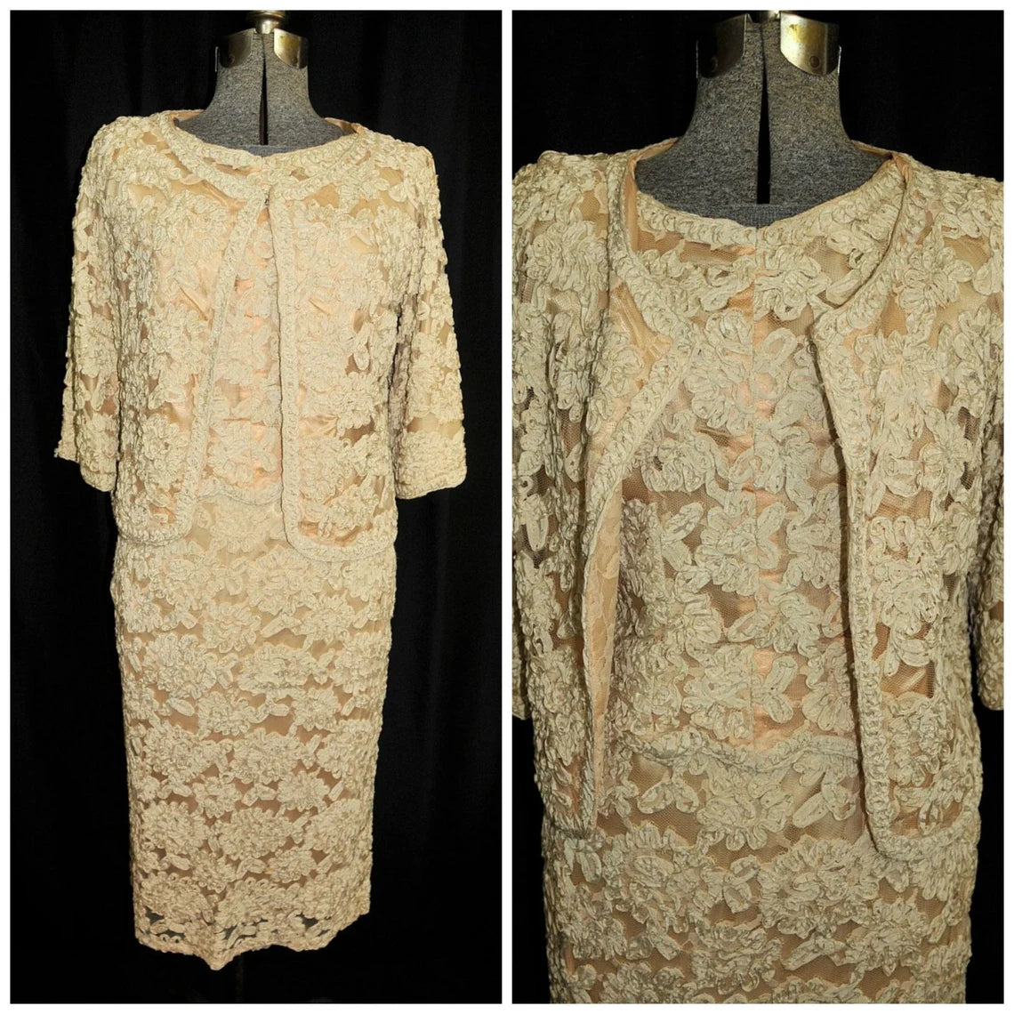 Vintage Ivory Gold Ribbon Lace Dress Jacket Wedding Mother of the Bride Dresse Formal Party Denim Fabric Leather Fabric Suede Fabric
