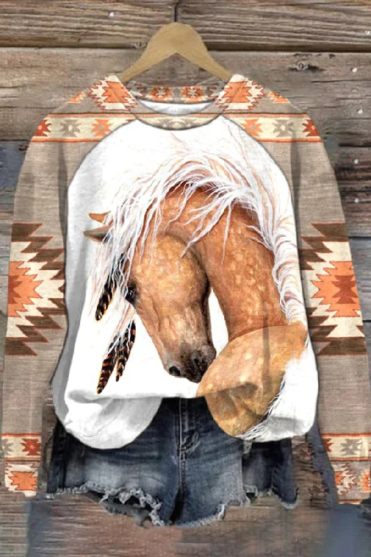 Women's Western Horse Print Sweatshirt Hoodie with Hood Adjustable Protection