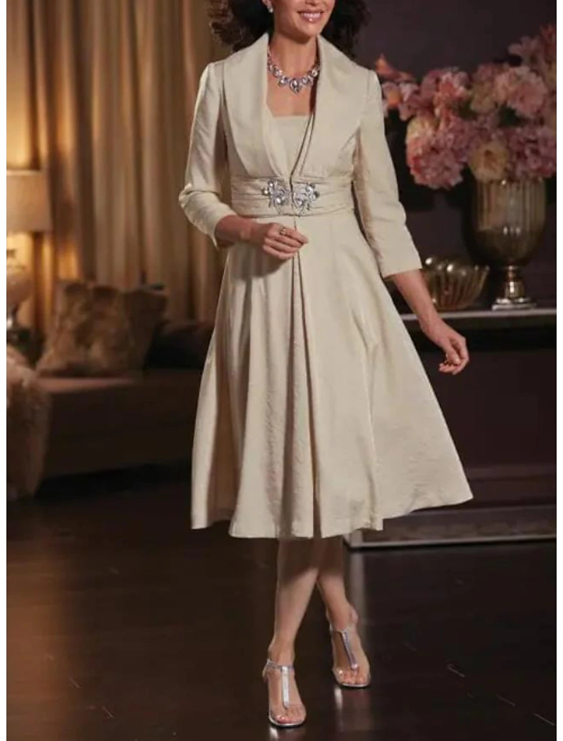 Two Piece A-Line Plus Size Curve Mother of the Bride Dress Wedding Guest Elegant Casual Winter With 3/4 Sleeve Jacket Shirt Collar Tea Length Taffeta Crystal Brooch Striped Jacket Polka Dot Jacket Floral Jacket Two Piece A-Line Plus Size Curve Mother of the Bride Dress Wedding Guest Elegant Casual Winter With 3/4 Sleeve Jacket Shirt Collar Tea Length Taffeta Crystal Brooch Striped Jacket Polka Dot Jacket Floral Jacket
