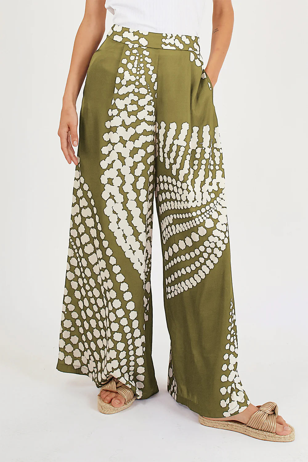 Olive Print Silky Wide Leg Pants Casual Yoga Pants