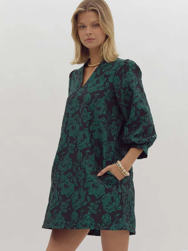 Green Jacquard Floral Dress Tunics Fleece cozy