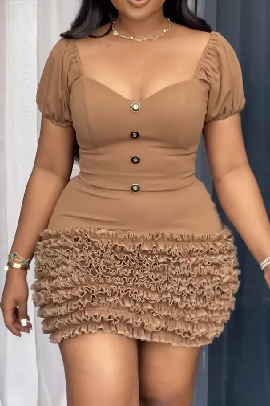 Solid Color Feminine Ruffles Patchwork Mini Dress Chic Mini Dress with V-Neck