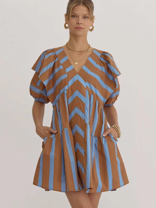 Brown and Blue Striped Puff Sleeve Dress Tunics Canvas sturdy