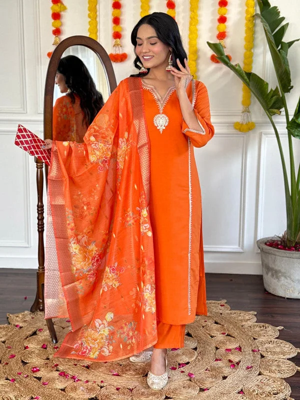 Malishka Export Women Embroidered Viscose Chanderi Kurti With Pant & Dupatta Set - Orange Trendy Wide-Legged Trousers Malishka Export Women Embroidered Viscose Chanderi Kurti With Pant & Dupatta Set - Orange Trendy Wide-Legged Trousers