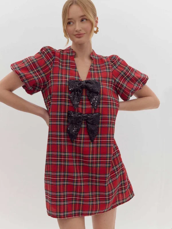 Plaid Sequin Bow Dress Tunics Velvet soft