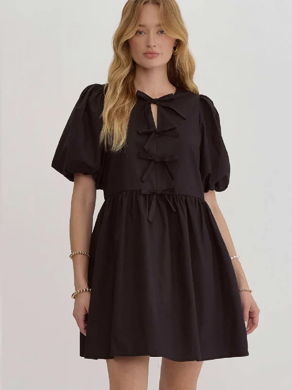 Bubble Sleeve Black Bow Detail Dress Bodycon Club Sequined