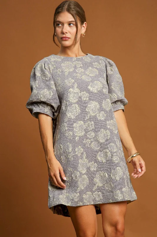 Umgee Floral Jacquard Puff Sleeve Mini Dress - Gray Cozy T-Shirt Mini Dress