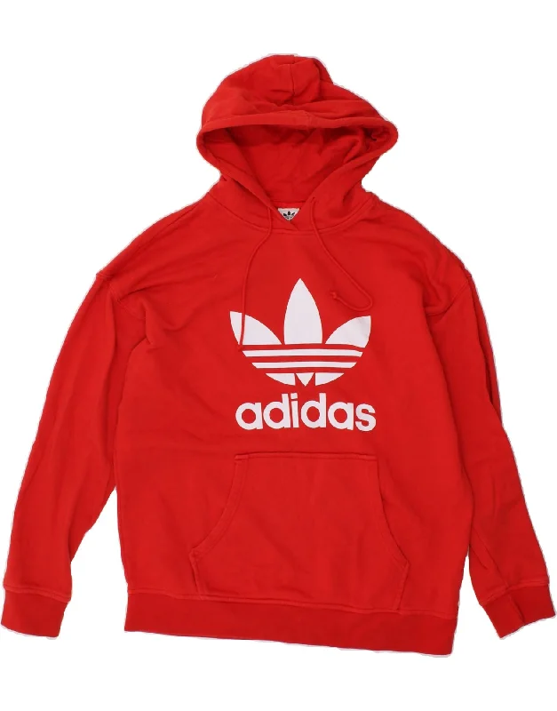 ADIDAS Womens Oversized Graphic Hoodie Jumper UK 14 Large Red Cotton Hoodie with Button Placket Classic Preppy