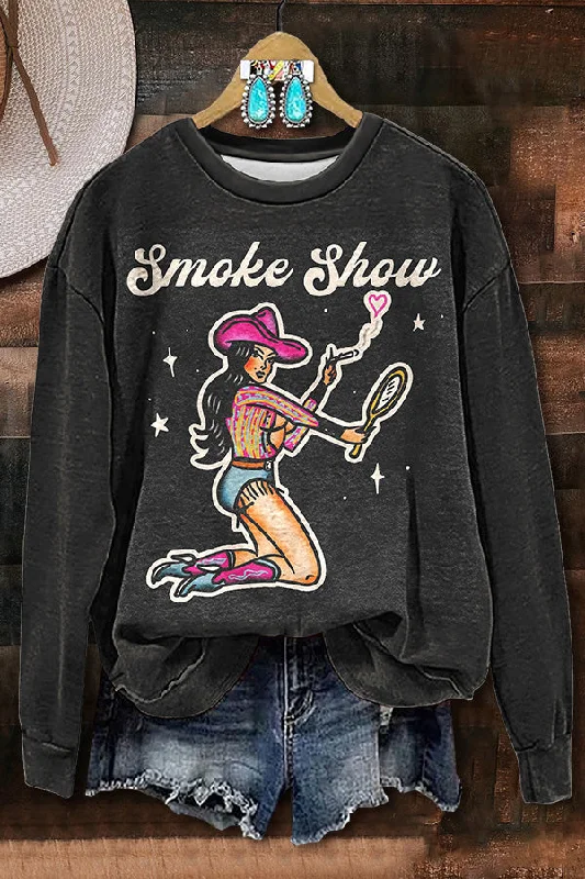 Smoke Show Printed Sweatshirt Hoodie with Tied Waist Feminine Flattering