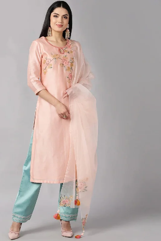 Ahika Peach Poly Silk Straight Kurta Pant With Dupatta Trendy Tapered Pants