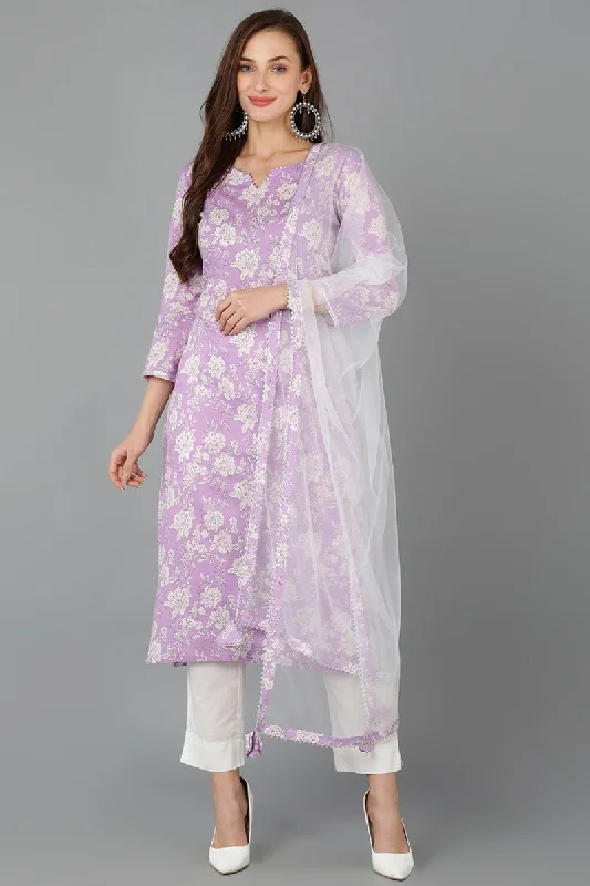 Ahika Purple Rayon blend Floral Straight Kurta Pant With Dupatta Soft Cotton Pants