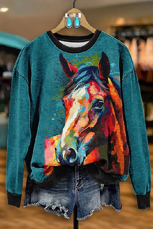 Vintage Western Horse Print Sweatshirt Hoodie with Crew Neck Simple Timeless