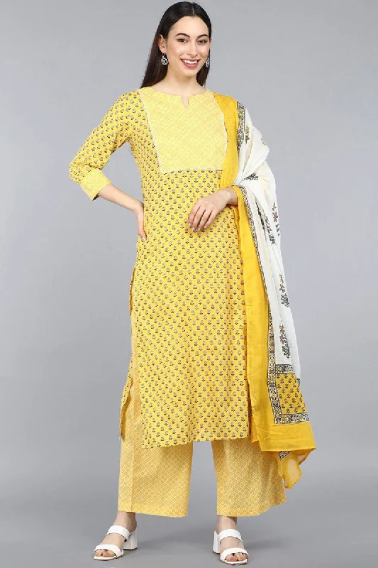 Ahika Yellow Pure Cotton Straight Kurta Pant With Dupatta Formal Slim Pants