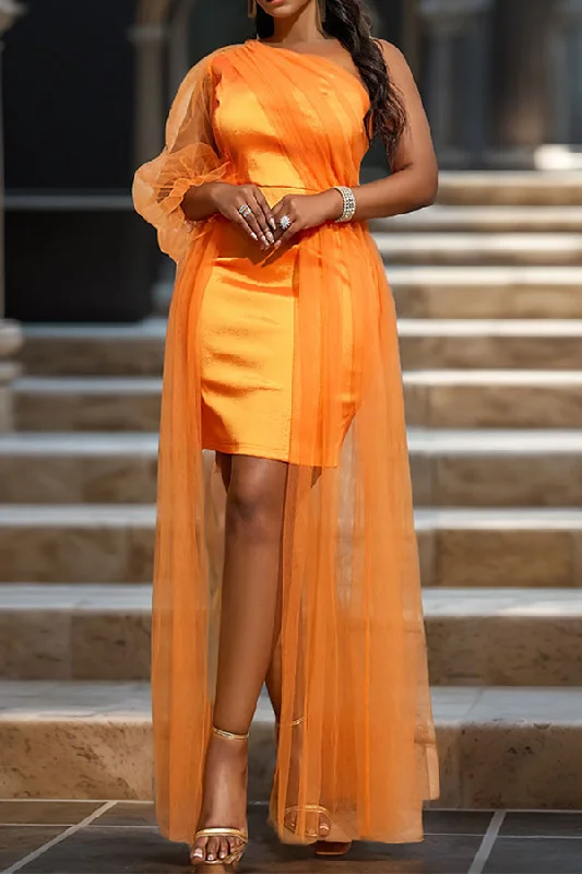 Solid Color One Shoulder Striking Tulle Patchwork Mini Dress Elegant Off-Shoulder Dress Mini
