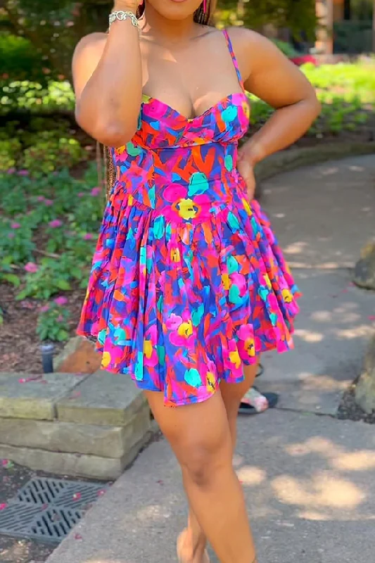 Floral Print Spaghetti Strap Smart Mini Dress Classic Striped Mini Dress